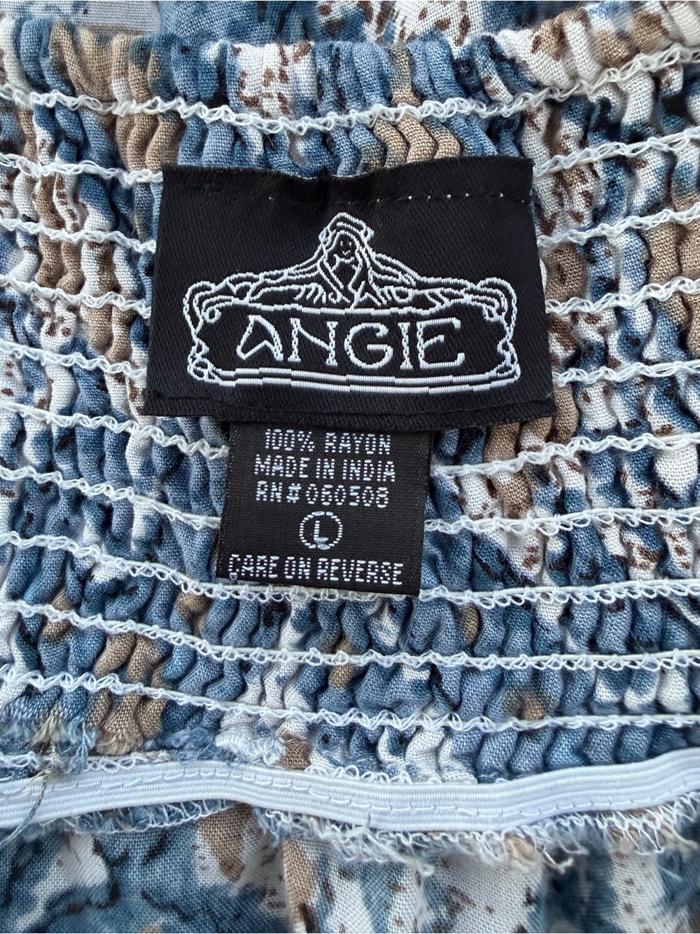 Angie Blue and Beige Ikat Print Babydoll V-Neck Spaghetti Strap Maxi Dress ~ L - Picture 7 of 8